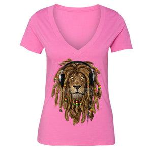 XtraFly Apparel Women's Lion Rasta Reggae  V-neck Short Sleeve T-shirt