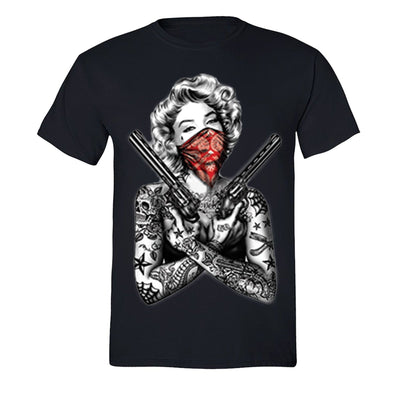 XtraFly Apparel Men's Red Bandana Guns Marilyn Monroe Crewneck Short Sleeve T-shirt