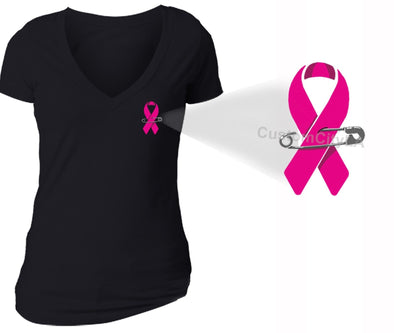 XtraFly Apparel Women's Pocket Pink Ribbon Breast Cancer Ribbon V-neck Short Sleeve T-shirt