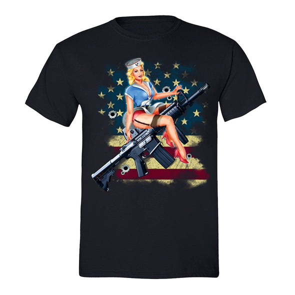 XtraFly Apparel Men's Navy Rifle USA Flag 2nd Amendment Crewneck Short Sleeve T-shirt