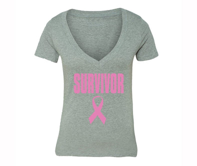 XtraFly Apparel Women's Survivor Pink Breast Cancer Ribbon V-neck Short Sleeve T-shirt