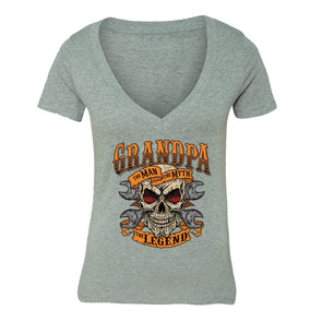 XtraFly Apparel Women's Grandpa Man Myth Legend Skulls Day Of Dead V-neck Short Sleeve T-shirt