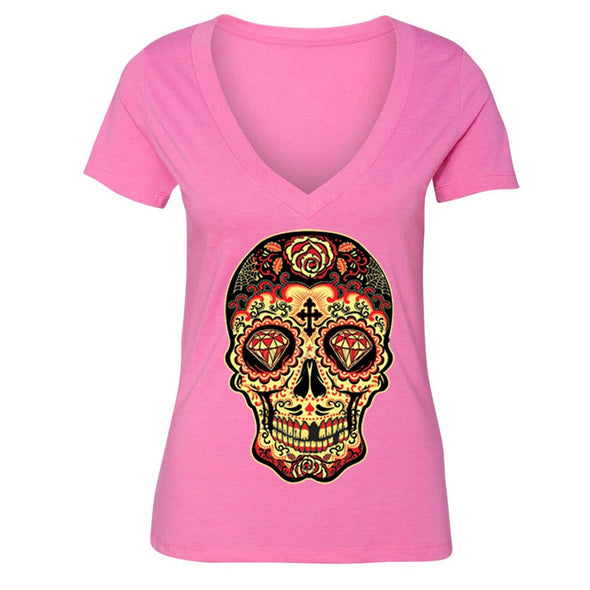 XtraFly Apparel Women's Diamond Sugarskull Cross Skulls Day Of Dead V-neck Short Sleeve T-shirt