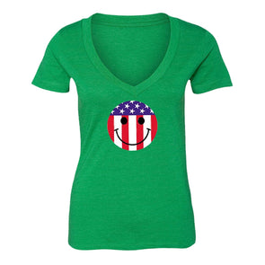 XtraFly Apparel Women's Smiley Emoji Flag American Pride V-neck Short Sleeve T-shirt