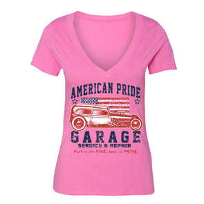 XtraFly Apparel Women's Service Car Garage Flag American Pride V-neck Short Sleeve T-shirt