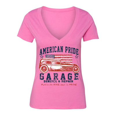 XtraFly Apparel Women's Service Car Garage Flag American Pride V-neck Short Sleeve T-shirt