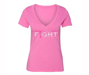 XtraFly Apparel Women's I'm Here to Fight Pink Breast Cancer Ribbon V-neck Short Sleeve T-shirt