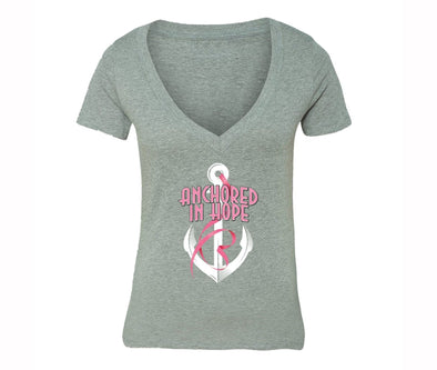 XtraFly Apparel Women's Anchored Hope Breast Cancer Ribbon V-neck Short Sleeve T-shirt