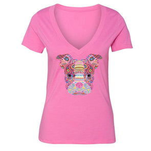 XtraFly Apparel Women's Boston Terrier Dog Pink Tribal Animal V-neck Short Sleeve T-shirt