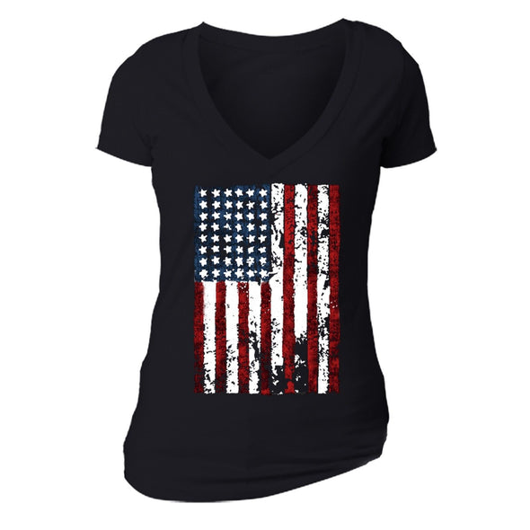 XtraFly Apparel Women's American Flag Distressed 4th of July V-neck Short Sleeve T-shirt