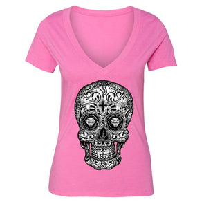 XtraFly Apparel Women's Diamond Cross Muerte Skulls Day Of Dead V-neck Short Sleeve T-shirt