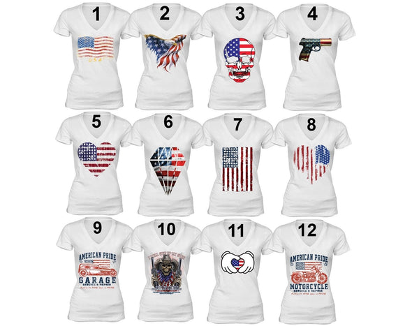 XtraFly Apparel Women's American Flag Distressed 4th of July V-neck Short Sleeve T-shirt