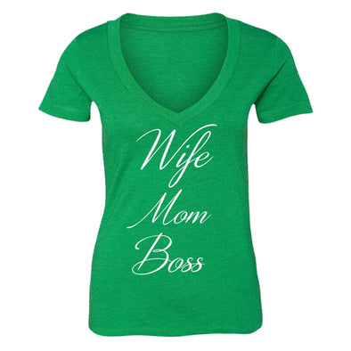XtraFly Apparel Women's Wife Mom Boss Mother's Day V-neck Short Sleeve T-shirt