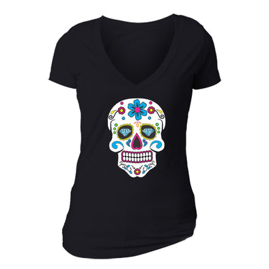 XtraFly Apparel Women's Sugarskull Diamond Clown Skulls Day Of The Dead V-neck Short Sleeve T-shirt