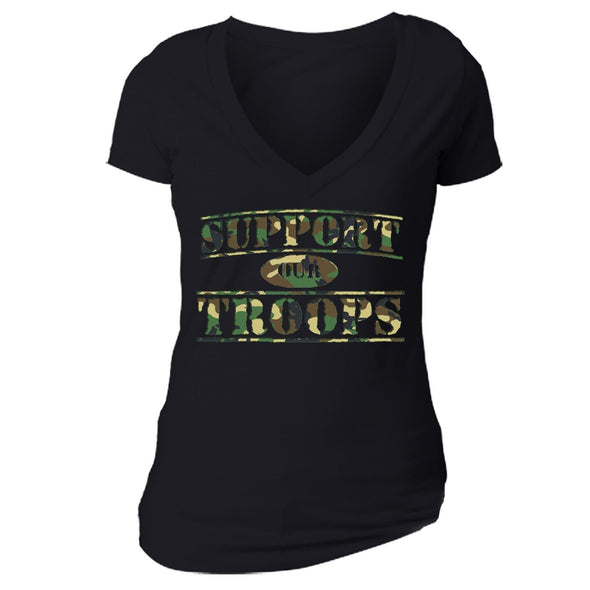 XtraFly Apparel Women's Support Our Troops Camo Military Pow Mia V-neck Short Sleeve T-shirt