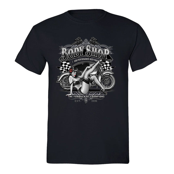 XtraFly Apparel Men's Body Shop Girl Biker Motorcycle Crewneck Short Sleeve T-shirt