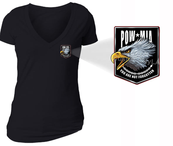 XtraFly Apparel Women's Eagle Pocket Military Pow Mia V-neck Short Sleeve T-shirt