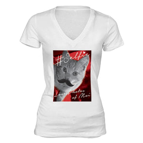 XtraFly Apparel Women's Selfie Cat Mustache Animal Lover V-neck Short Sleeve T-shirt
