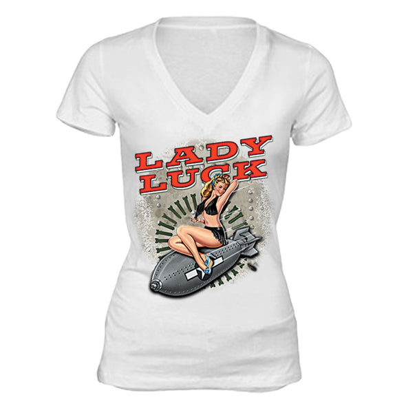 XtraFly Apparel Women's Lady Luck Bomb Military Pow Mia V-neck Short Sleeve T-shirt