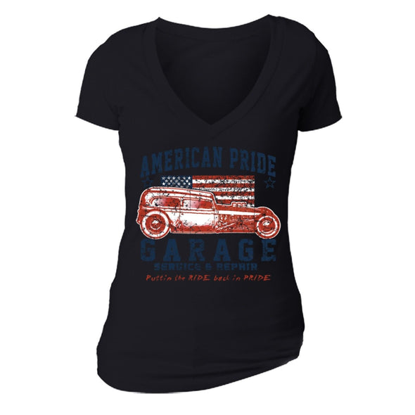 XtraFly Apparel Women's Service Car Garage Flag American Pride V-neck Short Sleeve T-shirt