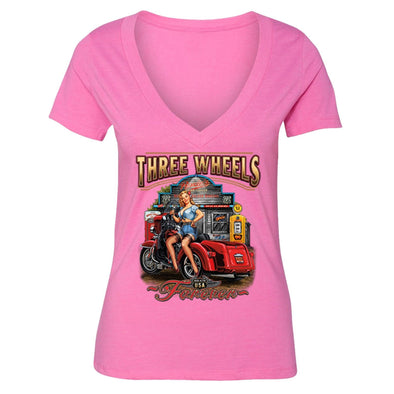 XtraFly Apparel Women's Three Wheels Car Truck Garage V-neck Short Sleeve T-shirt
