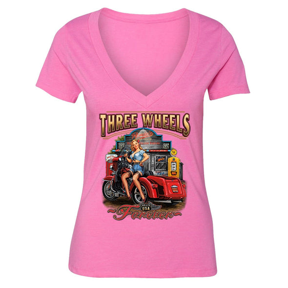 XtraFly Apparel Women's Three Wheels Car Truck Garage V-neck Short Sleeve T-shirt