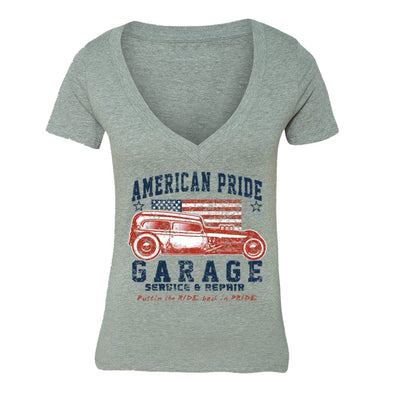 XtraFly Apparel Women's Service Car Garage Flag American Pride V-neck Short Sleeve T-shirt