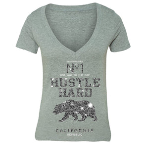 XtraFly Apparel Women's Hustle Hard Bear CA California Pride V-neck Short Sleeve T-shirt
