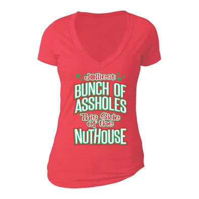 XtraFly Apparel Women's Jolliest Bunch Nuthouse Ugly Christmas V-neck Short Sleeve T-shirt