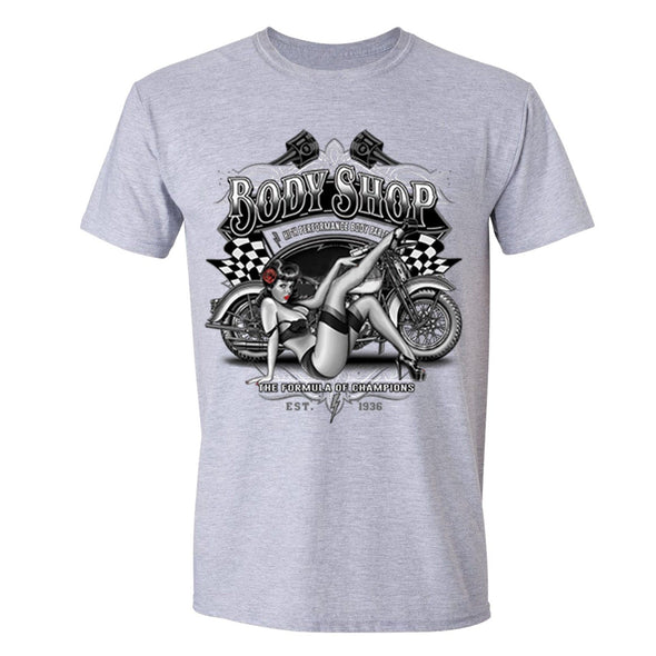 XtraFly Apparel Men's Body Shop Girl Biker Motorcycle Crewneck Short Sleeve T-shirt