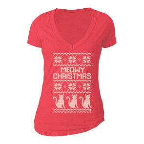 XtraFly Apparel Women's Meowy Cat Ugly Christmas V-neck Short Sleeve T-shirt