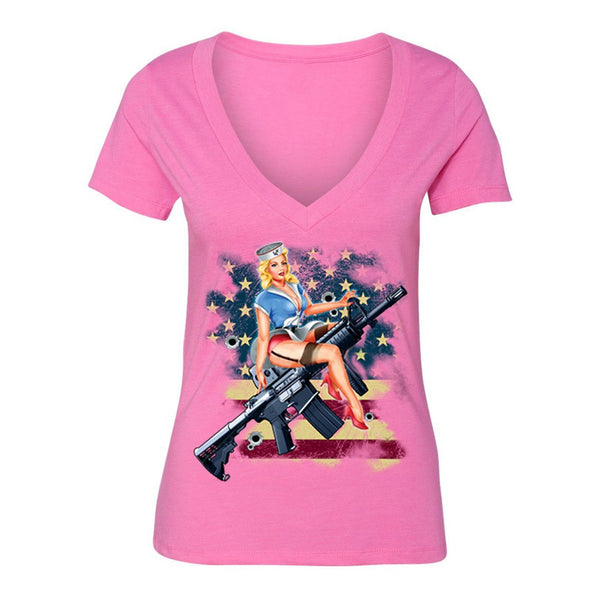 XtraFly Apparel Women's Navy Rifle USA Flag 2nd Amendment V-neck Short Sleeve T-shirt