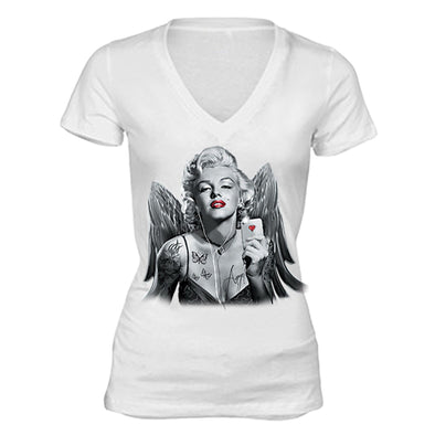 XtraFly Apparel Women's Selfie Angel Wings Marilyn Monroe V-neck Short Sleeve T-shirt