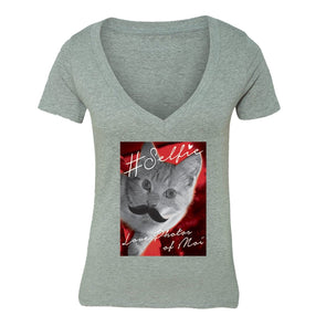 XtraFly Apparel Women's Selfie Cat Mustache Animal Lover V-neck Short Sleeve T-shirt