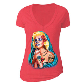 XtraFly Apparel Women's Guadalupe Dia Los Muertos Marilyn Monroe V-neck Short Sleeve T-shirt