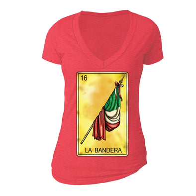 XtraFly Apparel Women's Loteria La Bandera Flag Mexican Heritage V-neck Short Sleeve T-shirt