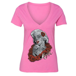 XtraFly Apparel Women's Dead Dia Los Muertos Marilyn Monroe V-neck Short Sleeve T-shirt