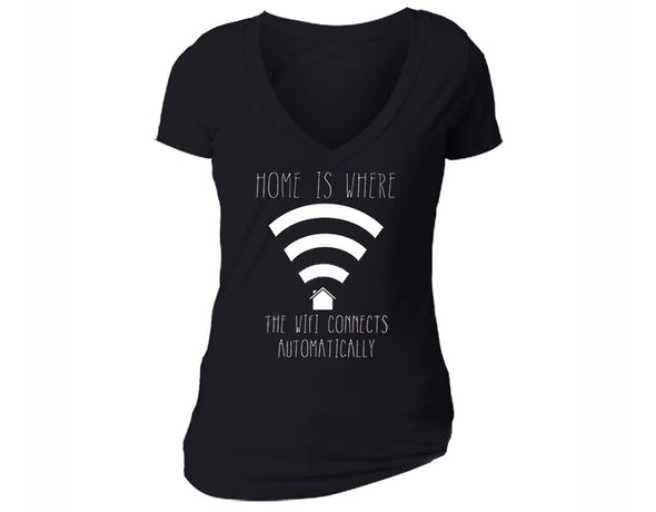 XtraFly Apparel Women's Home is Where the WIFI Novelty Gag V-neck Short Sleeve T-shirt