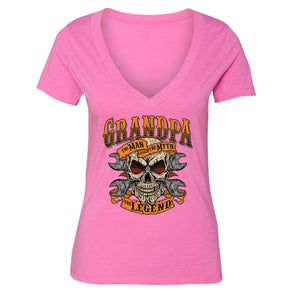 XtraFly Apparel Women's Grandpa Man Myth Legend Skulls Day Of Dead V-neck Short Sleeve T-shirt