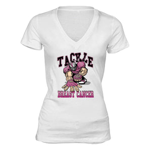 XtraFly Apparel Women's Tackle Pink Player Breast Cancer Ribbon V-neck Short Sleeve T-shirt