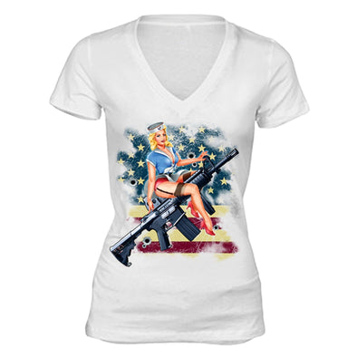 XtraFly Apparel Women's Navy Rifle USA Flag 2nd Amendment V-neck Short Sleeve T-shirt