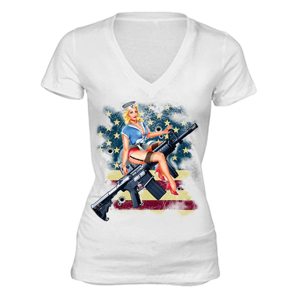 XtraFly Apparel Women's Navy Rifle USA Flag 2nd Amendment V-neck Short Sleeve T-shirt