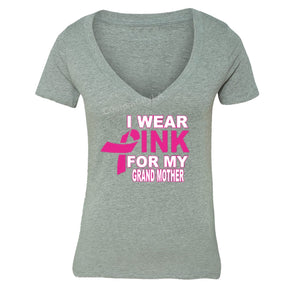 XtraFly Apparel Women's I Wear Pink Grandmother Breast Cancer Ribbon V-neck Short Sleeve T-shirt