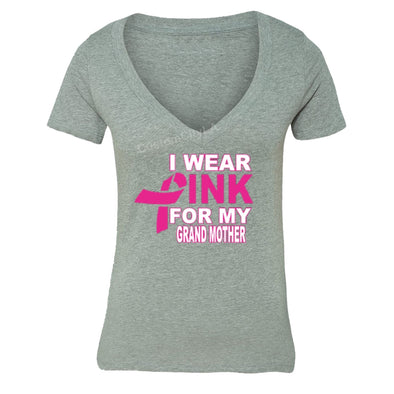 XtraFly Apparel Women's I Wear Pink Grandmother Breast Cancer Ribbon V-neck Short Sleeve T-shirt