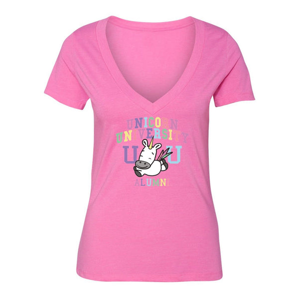 XtraFly Apparel Women's Unicorn University Alumni Novelty Gag V-neck Short Sleeve T-shirt