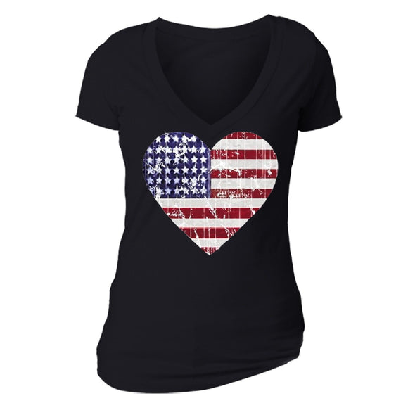 XtraFly Apparel Women's American Flag Distressed 4th of July V-neck Short Sleeve T-shirt