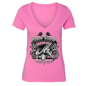 XtraFly Apparel Women's Body Shop Girl Biker Motorcycle V-neck Short Sleeve T-shirt