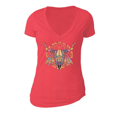 XtraFly Apparel Women's Cow Skull Dreamcatcher Pink Tribal Animal V-neck Short Sleeve T-shirt