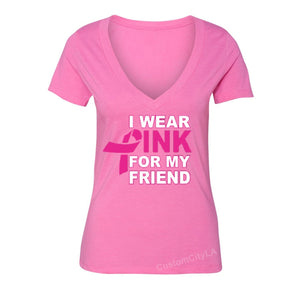 XtraFly Apparel Women's I Wear Pink Friend Breast Cancer Ribbon V-neck Short Sleeve T-shirt