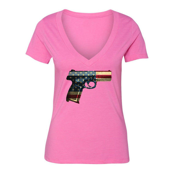 XtraFly Apparel Women's Gun Pistol Flag American Pride V-neck Short Sleeve T-shirt
